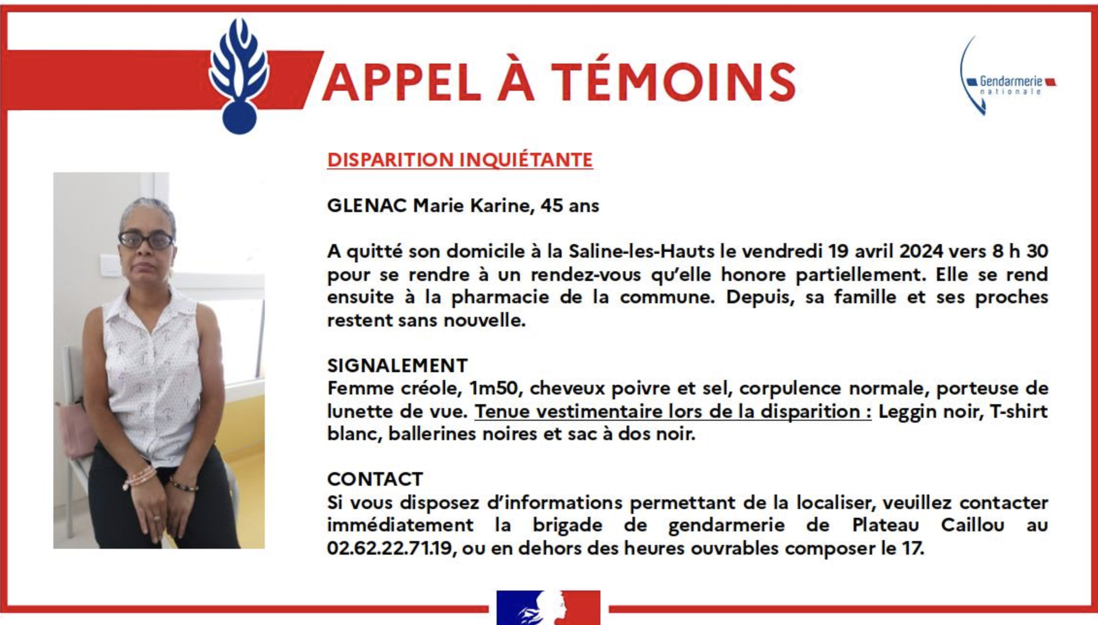 Disparition inquiètante de Marie Karine Glenac à Saint-Leu
